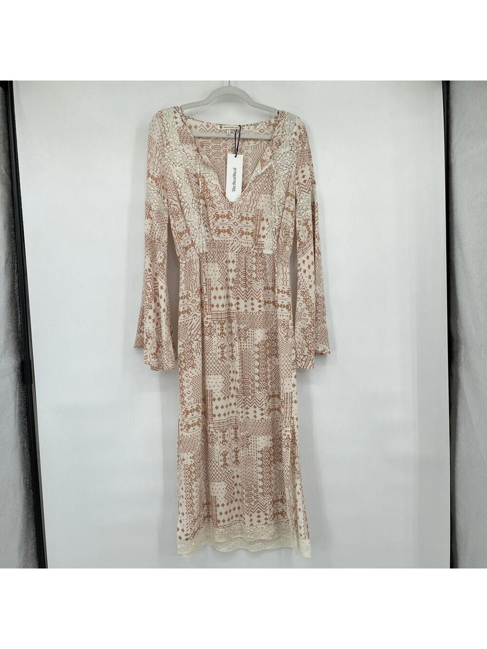 Women's House of Harlow 1960 Patterned Silk Blend Boho Midi Tan/White Dress S